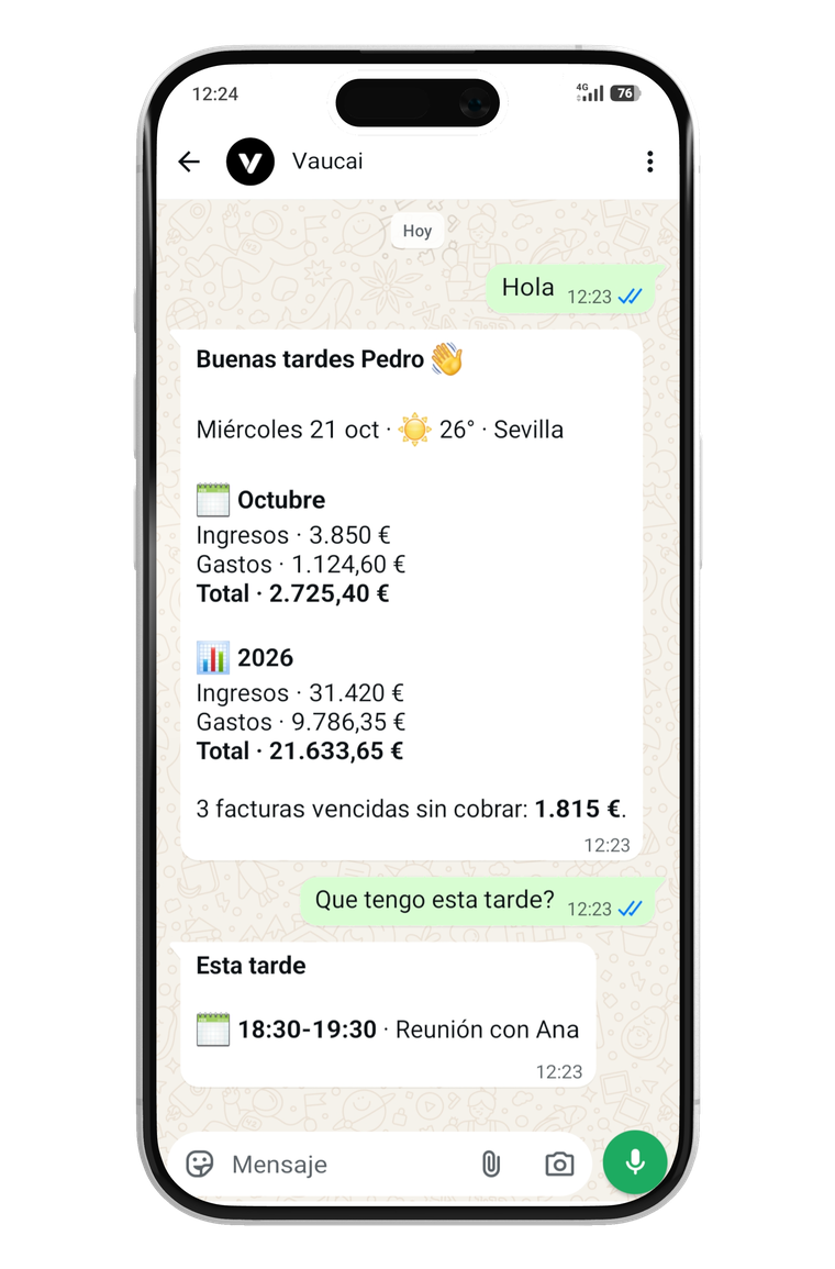 El panel de tu Vaucai en WhatsApp: ingresos, gastos y facturas vencidas de un vistazo